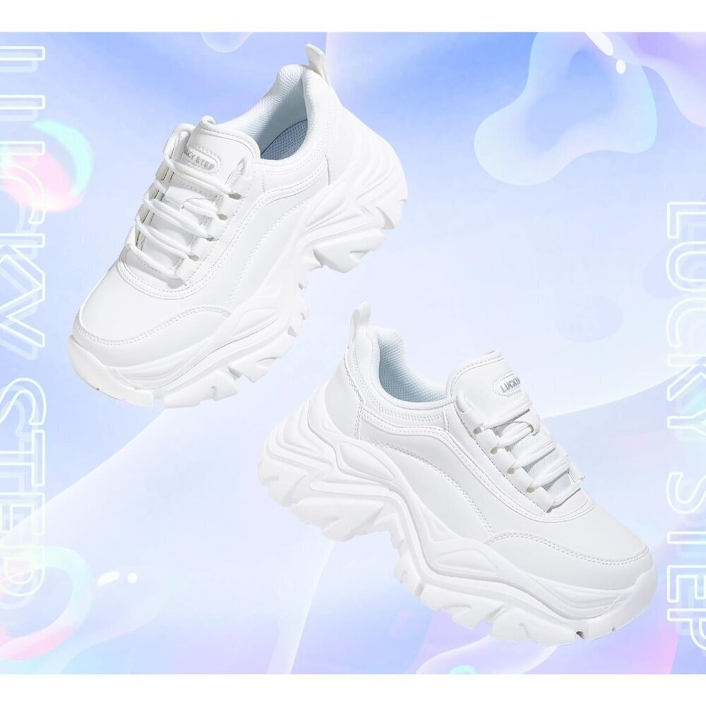 Women's White Chunky Rubber Platform Casual Lace-Up Walking Sneaker Shoes - Picture 5 of 9